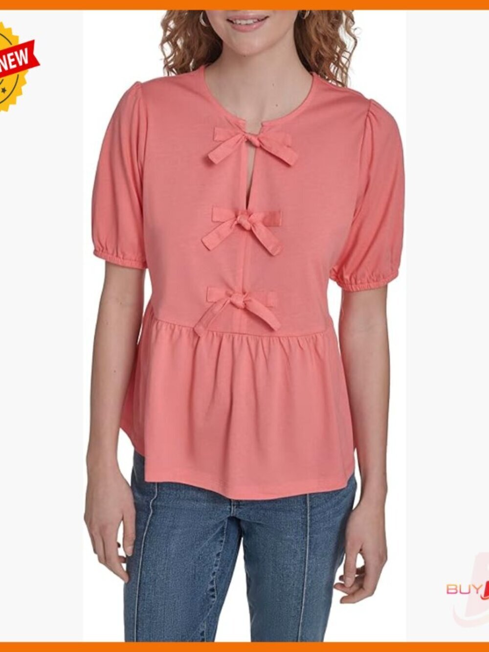 Short Sleeve Peplum Top with Bow Detail, Cotton Modal Blend, Regular Fit